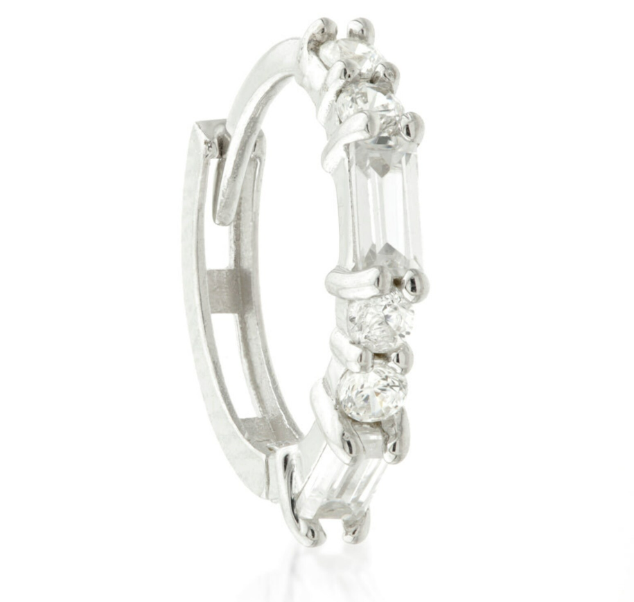 9ct Baguette Gem Huggies from Ella Ray Jewellery: Elegant, versatile huggie earrings crafted from 9ct gold with sparkling baguette-cut gems in a variety of colors, perfect for everyday glamour.