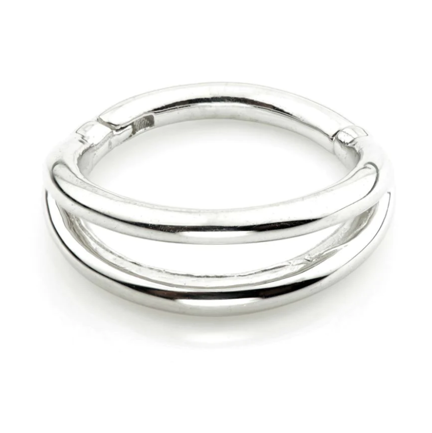 9ct Gold Double Band Hinge Ring showcasing a stylish double band design with a hinge mechanism for a modern and sophisticated look. Perfect for adding a chic touch to any outfit.