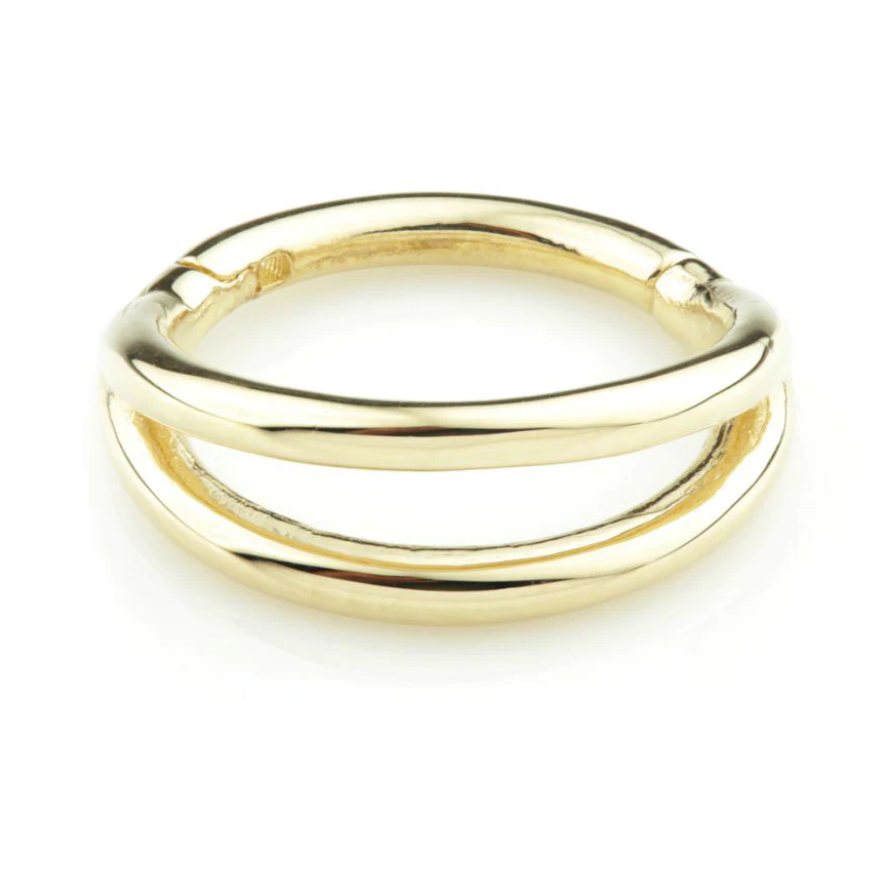 9ct Gold Double Band Hinge Ring showcasing a stylish double band design with a hinge mechanism for a modern and sophisticated look. Perfect for adding a chic touch to any outfit.